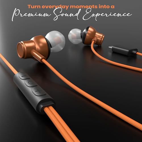 Image of Kratos Tune V6 C Type Earphones Wired, Deep Bass Drivers Earphone, Inline Control Type c Headphones with Mic, Comfort Fit Type c Earphone with Volume Control,Metallic C pin Earphones (Orange)