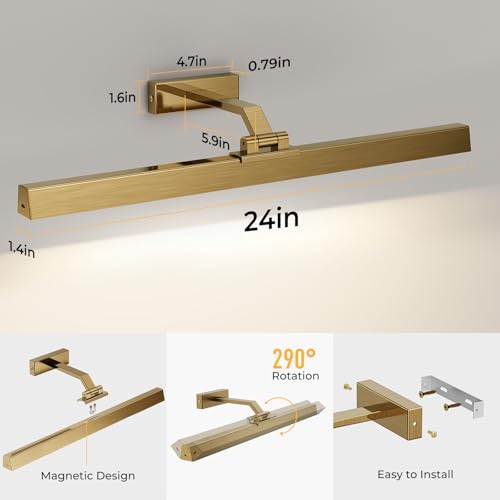 Image of Afyuol Picture Lights for Wall, Brass Battery Operated Picture Light 24in Art Light CCT Dimmable Recharging Battery Wall Light with Remote Control for Living Room Gallery
