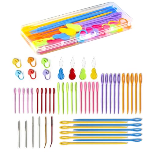 Image of 56PCS Yarn Needle Set with Large Eye Plastic Needles, Bent Tapestry Needles, Darning Needles, Threaders, Stitch Markers and Storage Box for Crochet, Knitting and Sewing