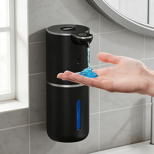 Fantictas Seifenspender Automatisch, Elektrischer Seifenspender mit Display, USB-Wiederaufladbarer,6-Stufig Einstellbar, 380ml Wandmontage für Badezimmer/Küche/Geschirrspülmittel, Schwarz