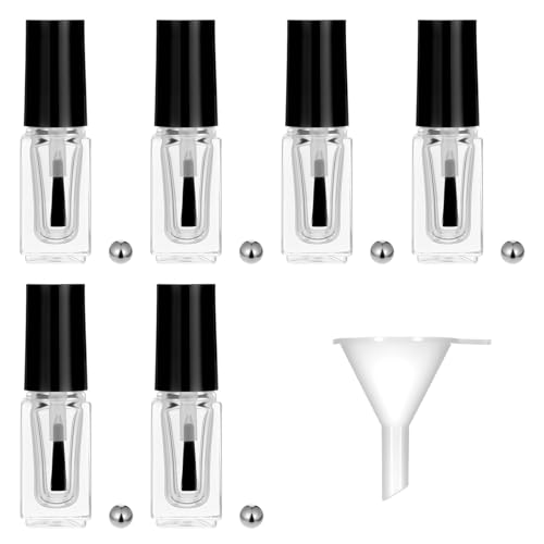 Alrhso 6Pcs 5ml Empty Nail Polish Bottles with Brush Small Nail Polish Glass Bottles Rectangle Fingernail Polishs Bottle with Brush Cap Funnel and Mixing Ball Nails Art Samples (5g)