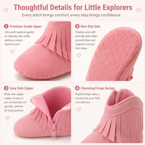 Image of Meckior Baby Girls Cowboy Tassel Boots Side Zipper Moccasins Soft Bottom Non-Slip Toddler Shoe