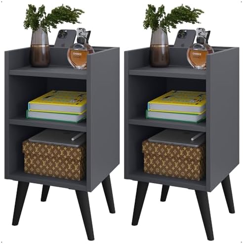 Mesas de Cabeceira Charme Compacta com Pés Retrô Nicho e Pratelei...