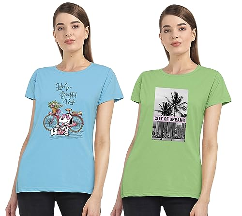 Image of Combo Women's T-Shirts, Cotton Half Sleeves Round-Neck Printed T-Shirt for Girls, & Women Tees (Pack of 2) 960-980-