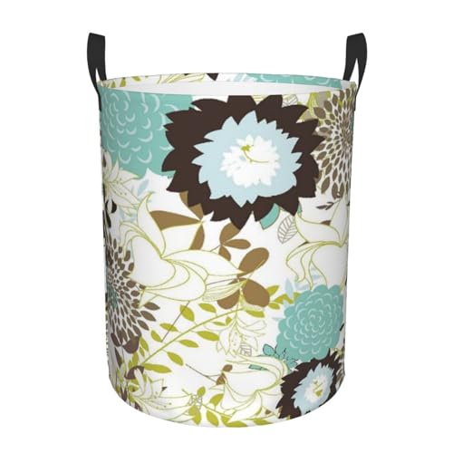 Round Single Layer Laundry Basket, Foldable Clothes Storage Bin Medium Vintage Abstract Pattern Of Old Fashioned Exotic Flowers Retro Revival Blossoms