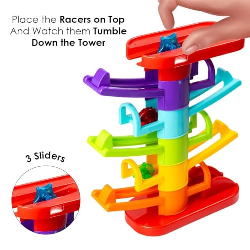 Image of Ratna's 3 in 1 Thunder Racer Track Car Ramp 5 Layer Ball Drop & Roll Swirling Tower Toys for Baby and Toddler | Stack, Drop & Go Ramp Toy Set Includes 3 Cars, 3 Sliders & 1 Ball
