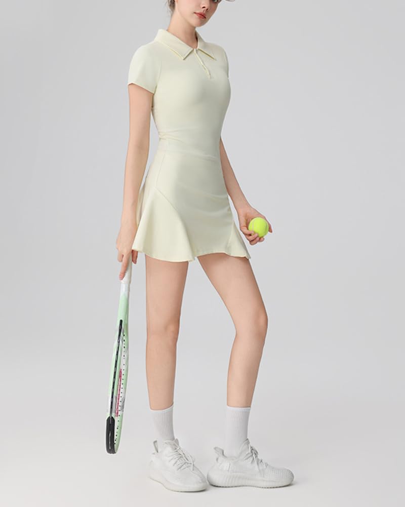 GUOCU Donna Abito Sportivo da Tennis a Maniche Corte vestibilità Slim Tinta Unita Miniabito da Golf Fluido con Pantaloncini Separati per Allenamento, Yoga, Corsa e Palestra