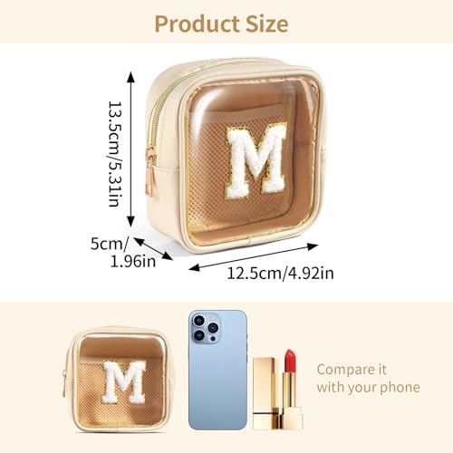 Mini Makeup Bag, Small Makeup Bag for Purse Waterproof Clear Makeup bag Leather Cosmetic Bag Square Make Up Bag Pouch with Chenille Letter, Beige2