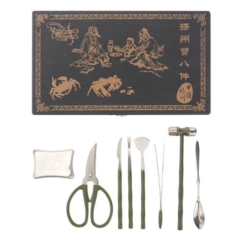 Gatuida Set Utensili per Granchi e Frutti di Mare in Acciaio Inox 8 Pezzi Forchetta, Cucchiaio e Pinze, Custodia in Legno, per Uso Domestico e Ristorazione