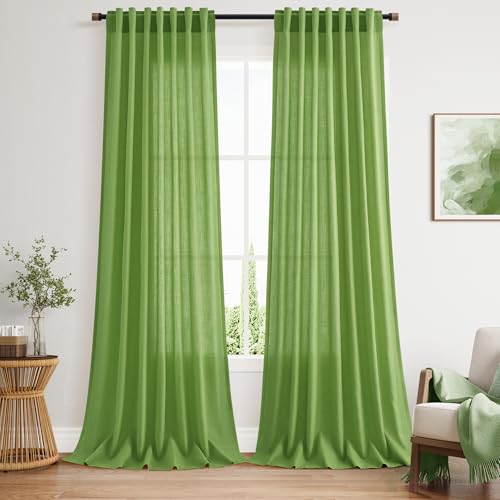 Image of Nanspring Lime Green Linen Blend Light Filtering Back Tab Curtains 102 Inches Long, Semi Sheer Privacy Drapes for Living Room & Bedroom, 52x102 inch, 2 Panels