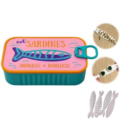 5PCS Sardine Can Jewelry Travel Case with Fish Bone Chain Organizer (Turquoise)