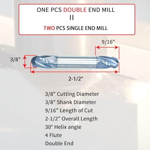 Image of 3 /8 inch Carbide Ball Nose End Mill, Double End, 4 Flute Solid Carbide Ball Nose End Mill, 2-1 /2 inch Overall Length, Helix Angle: 30, AlTiN Coated,3 /8 inch Cutting Diameter, 9 /16 inch Length of Cut