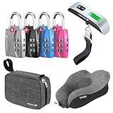 Fosmon TSA Approved Locks for Luggage 4 Pack + Digital Hanging Luggage Scale + Travel Cushion Pillow with Memory Foam, Earplugs & Storage Bag+ Hanging Travel Toiletry Bag Organizer