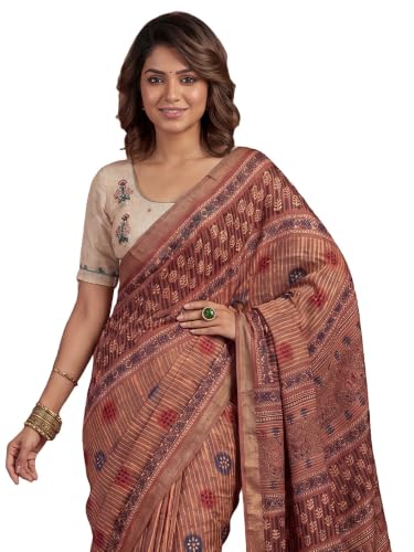 SAREE MALL Brown Banarasi Silk Ajrak Print Saree With Unstitched Blouse Piece Tassels and Latkans Work Saree P