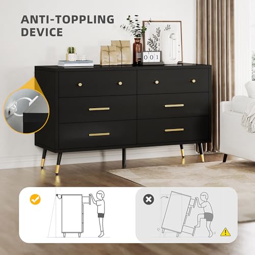 DWVO 6 Drawer Dresser, 47.2" Wide Black Wooden Drawers Storage Dresser with Golden Metal Handle & Anti-Tipping Device, Modern Double Chest of Drawers for Bedroom,Hallway, Entryway, Living Room