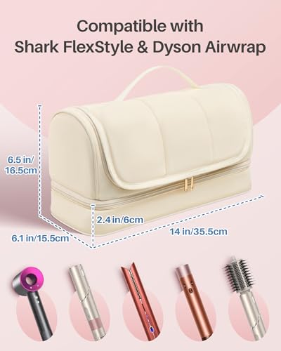 Noldena Hänge Haartrocknertasche, kompatibel mit Dyson Airwrap und Shark FlexStyle, Wasserabweisende Organizer Tasche mit Trennwand, Reise Kosmetiktasche, Geschenk für Frauen, Creme