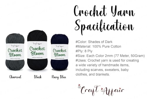 Image of Craft Affair | Crochet Bloom Cotton Yarn 8ply (Each Color 2mm, 77Meter, 50Gram) 100% Pure Cotton | for Knitting Yarn | Craft & DIY Project: Charcoal, Black, Navy Blue