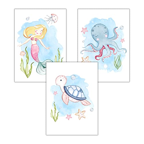 WBdesignz Kinderzimmer Poster Mädchen Babyzimmer Bilder 3er Set Meerjungfrau Schildkröte Tintenfisch (DIN A4, ohne Rahmen) Cover