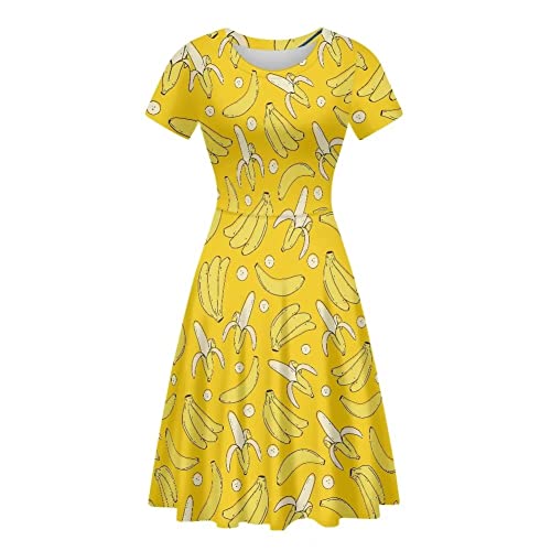 Amzbeauty Fruit Banana Print Dress for Women High Waist Short Sleeve Round Neck Casual A-Line Midi Yellow Womens Dress