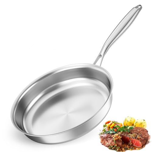 BugyKido Edelstahlpfanne für Induktionsherde, Unbeschichtet Edelstahl Pfanne 28 cm, Spülmaschinenfeste, Bratpfanne Induktion, Edelstahl Bratpfanne 28 cm für Alle Herdarten Geeignet