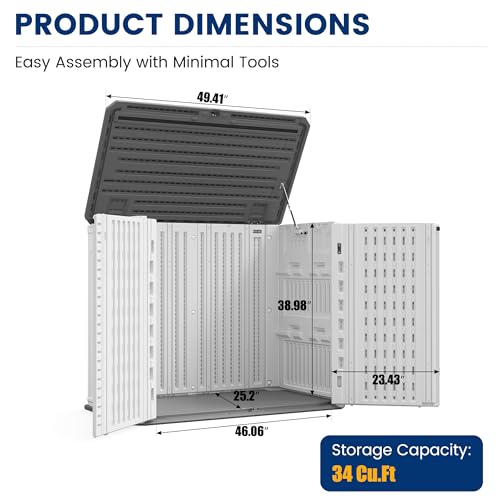 Image of UDPATIO 34 Cu.Ft Resin Storage Shed,Horizontal Outdoor Shed,White | HDPE,Easy to Assemble,Lockable,with Floor,Waterproof,Plastic Cabinet,Tool Shed,Small Shed,generator,Garden,Backyard,Lawn