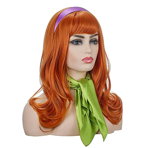 Perruque orange ondulée Daphné avec foulard pour cosplay Halloween et costume