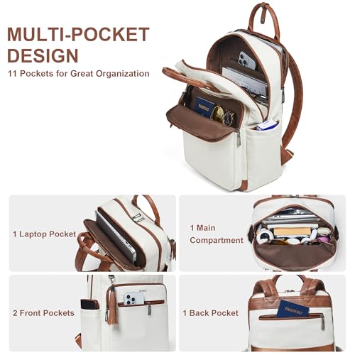 Shrrie Laptop Backpack for Women 15.6 inch Travel Leather Backpack Purse Work Computer Backpacks for Business College Beige3