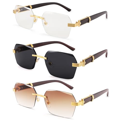 LIU·WEN Fashion Rimless Sunglasses for Men 3 Pack - Retro Frameless Rectangle Men Shades Tinted Eyewear