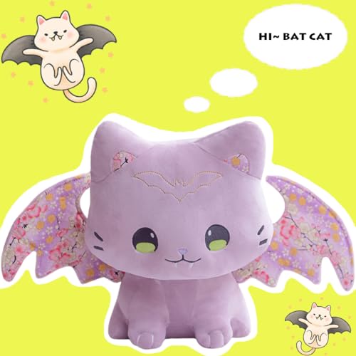 Image of Crazy Bat Cat Plush Soft Pillow, Cute Bat Kitten Stuffed Animal Cushion Furry Purple Bat Kitty Plushies Gifts /11.8''