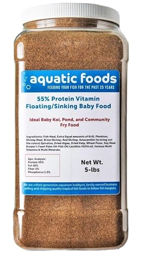 Aquatic Foods Inc. 55% Protein Vitamin Rich Micro Floating/Slow Sinking Baby & Fry Food for Koi Fish & Pond Fish, All Aquarium Tropical Fish - 5-lb Large Jar