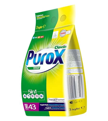 PUROX UNIVERSAL Detergente Lavadora Polvo en bolsa (43 Lavados) – para todo tipo de tejidos, elimina manchas, ecológico, protege contra la cal, 3 kg