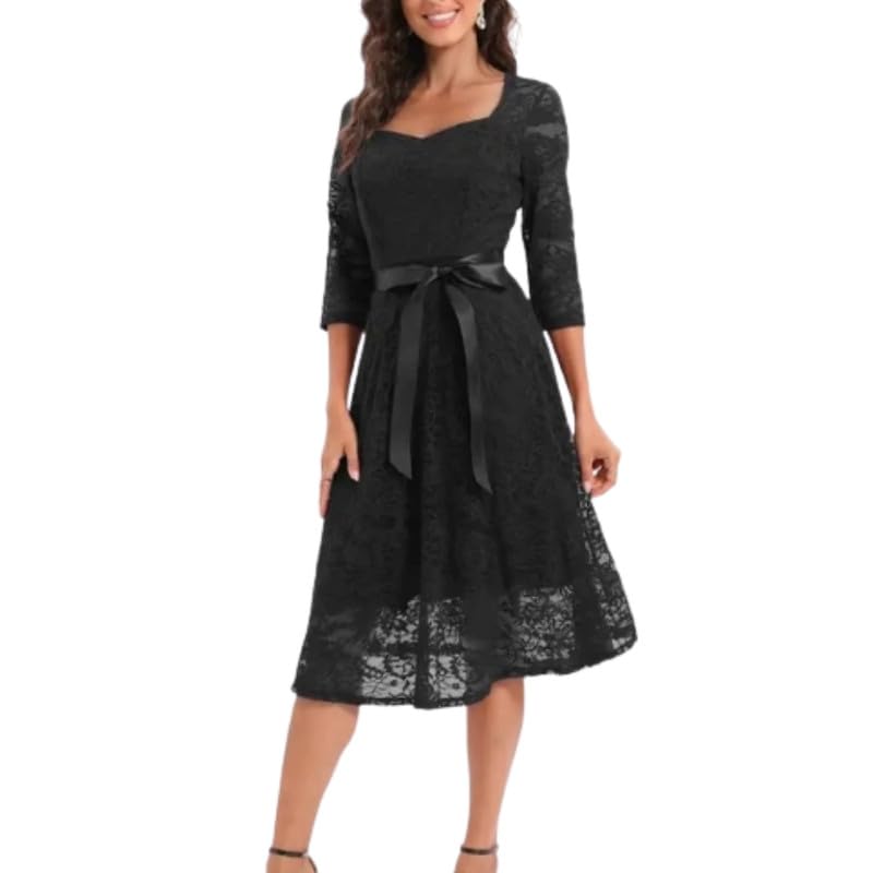 WESOKE® Cocktail Dress – Women's A-Line Midi Lace Dress with Belt Black-picture-20