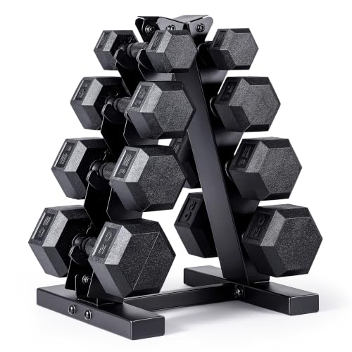CAP Barbell 100 lb Rubber Coated Hex Dumbbell Set with Vertical Rack, Space-Saving A-Frame Storage for Home Gym Strength Training, Black Handle, Black Rack