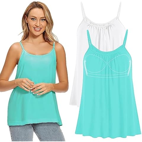 MS.ING 2PCs Women Flowy Pleated Camisole with Built in Bra Loose Casual Sleeveless Tank Tops(White+Turquoise Blue,XX-Large) Cover