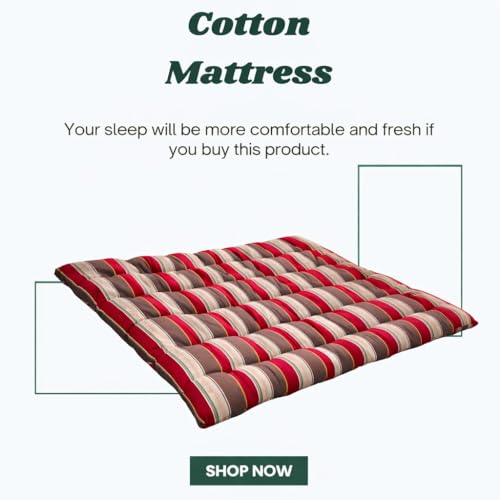 Image of Adim's Handmade Traditional Quilt Gadda Mattress, Red Lining, Small Single, Pure Cotton Fabric, Cotton Filled, Firm, Reversible Design, 2.5 x 6 ft or 72 x 30 Inches