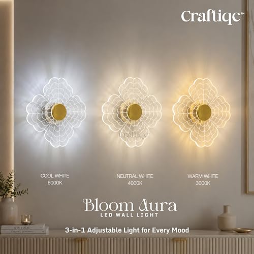 Image of Bloom Aura LED Wall Light, 3-in-1 Colour Adjustable Flower Wall Lamp, Acrylic Gold Finish Decorative Light for Bedroom, Living Room, Staircase, Office & Hotel, 24x24 cm (Bloom Aura)