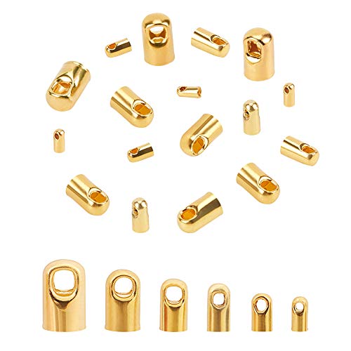 PH PandaHall 180pcs 6 Sizes Gold Cord Ends Caps Brass Bead Loop Barrel Clasp Crimp Beads Tassel Cap Cord Link Buckle for Necklace Bracelet Making