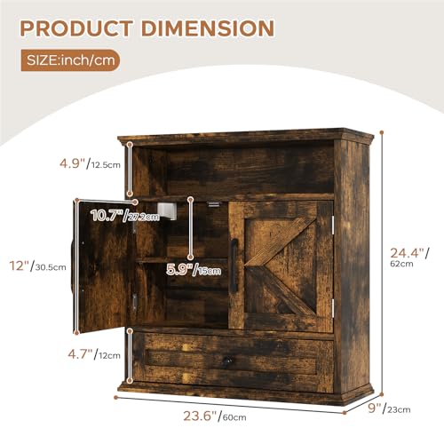Image of Bathroom Wall Cabinet, Wall Mounted Medicine Cabinet 24.4 inchH x 23.6 inchW x 9 inchD | With Drawer, Barn Doors & Adjustable Shelf, Rustic Brown Over Toilet Farmhouse Cabinet for Kitchen, Laundry Room, Entryway