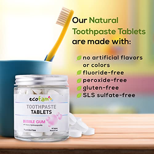 Ecofam Kids Toothpaste Chewable Tablets - 90 Natural Xylitol Tabs - Zero Waste Glass Jar - Travel Friendly - Fluoride-Free -With Nano Hydroxyapatite -Vegan - Made In The Usa (Bubble Gum) #TOP5