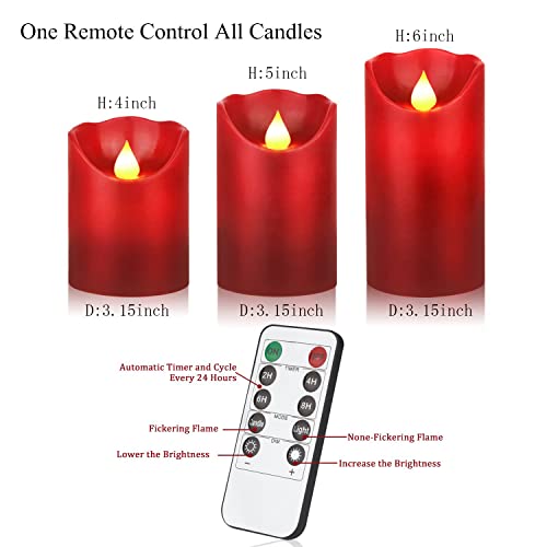 Image of JUNPEI LED Candles, Battery Flickering Candles, Set of 3 Red Real Wax,300+ Hour Decorating Pillars Candles, with10 Buttons Remote Control with 24 Hour Timer Function for Decoration Christmas
