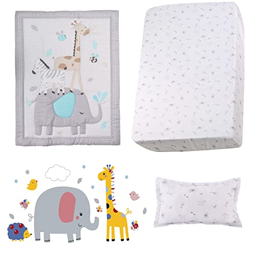 Geapul 4Pcs Nursery Baby Crib Bedding Set For Boys Girls Crib Quilt,Crib Sheet,Toddler Pillowcase,Wall Decals Soft Nursery Bedding Set For Baby Bed #TOP1