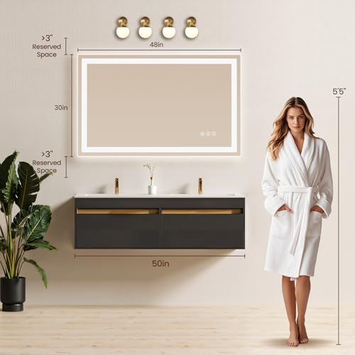 Image of 48x30 LED Bathroom Mirror with Anti-Fog, Backlit & Front Lights, Memory | Dimmable 3 Color CRI 95+ Shatterproof Tempered Glass ETL Listed for Safety Lighted Bathroom Vanity Mirror for Wall