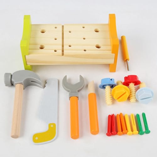 Image of Wooden Tool Kit for Kids | Pretend Play Construction Toy Set | STEM Educational Mechanic Toy for Boys & Girls Ages 3-8 | Montessori Toy (Nut Table)