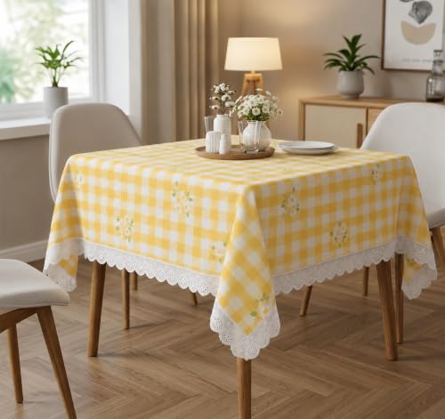 Image of Amazon Brand - Umi Cotton Tablecloth Pack of 2, 4-6 Seater Dining Table Cover, Yellow Gingham Check Daisy Floral Print Rectangular Table Linen with Lace Trim 4 Corners Farmhouse Cottage Style