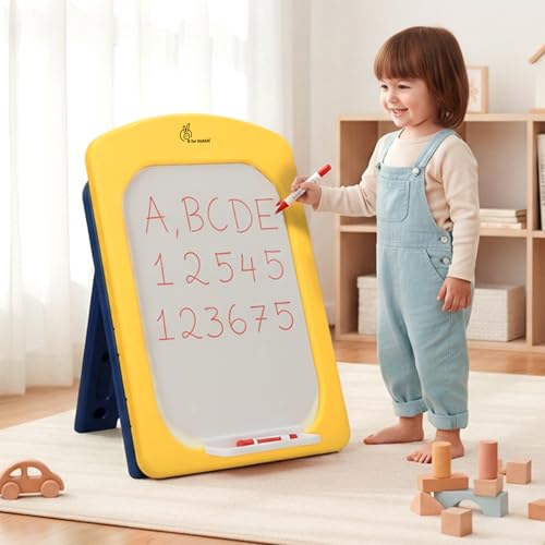 Image of R for Rabbit Little Genius Doodle Whiteboard for Kids Drawing Activity Board Rounded Corner Design Foldable 7-Level Adjustable Height & Handy Storage Tray for 3-7 Years Kids (Yellow Blue)