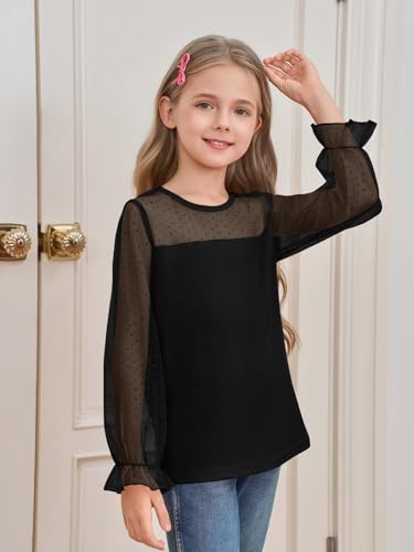 Yousify Girls Puff Long Sleeve Shirts Kids Cute Polka Dot Mesh Tops Blouses 5-14 Years3