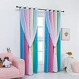 Drewin 2 Panels Rainbow Curtains for Girls Bedroom 63 Inches Length Stars Cut Out Colorful Blackout Curtain Kids Room Darkening 2 in 1 Ombre Stripe Double Layer Window Drapes Tulle Nursery,52”Wx63”L