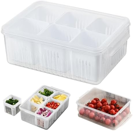 Fridge Storage Containers Kitchen Scallion Storage Box 6-In-1 Snackle Box Container with Lid Plastic Reusable Fridge Vegie Fruit Food Fresh-Keeping Drain Box.