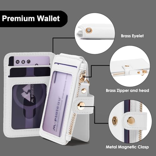 Image of M-Plateau RFID Blocking Keychain Wallet With Leather Wrist Strap | Keychain Wristlet, Womens Card Holder with Zipper Coin Pocket and ID Window (White)