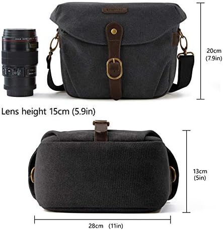 bagsmart Vintage Camera Bag Messenger Bag Canvas SLR DSLR Case Padded Shoulder Bag with Rain Cover for Day Trip, Travel (Black)
